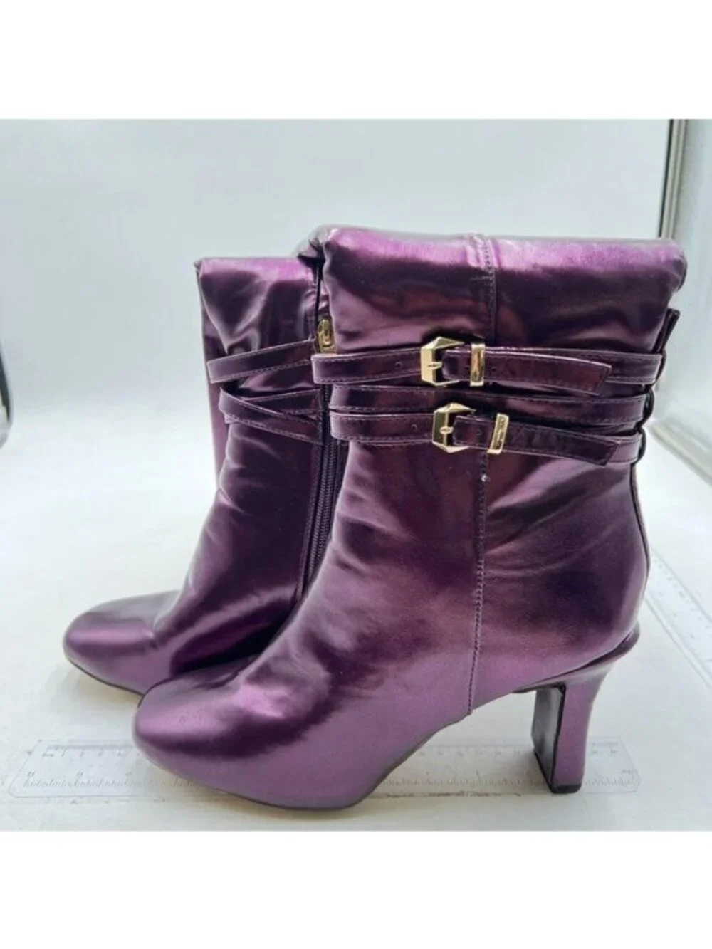 FSJ Women Fashion Knee High Long Boots Pull On Closed Toe Chunky Mid Heel Purple
